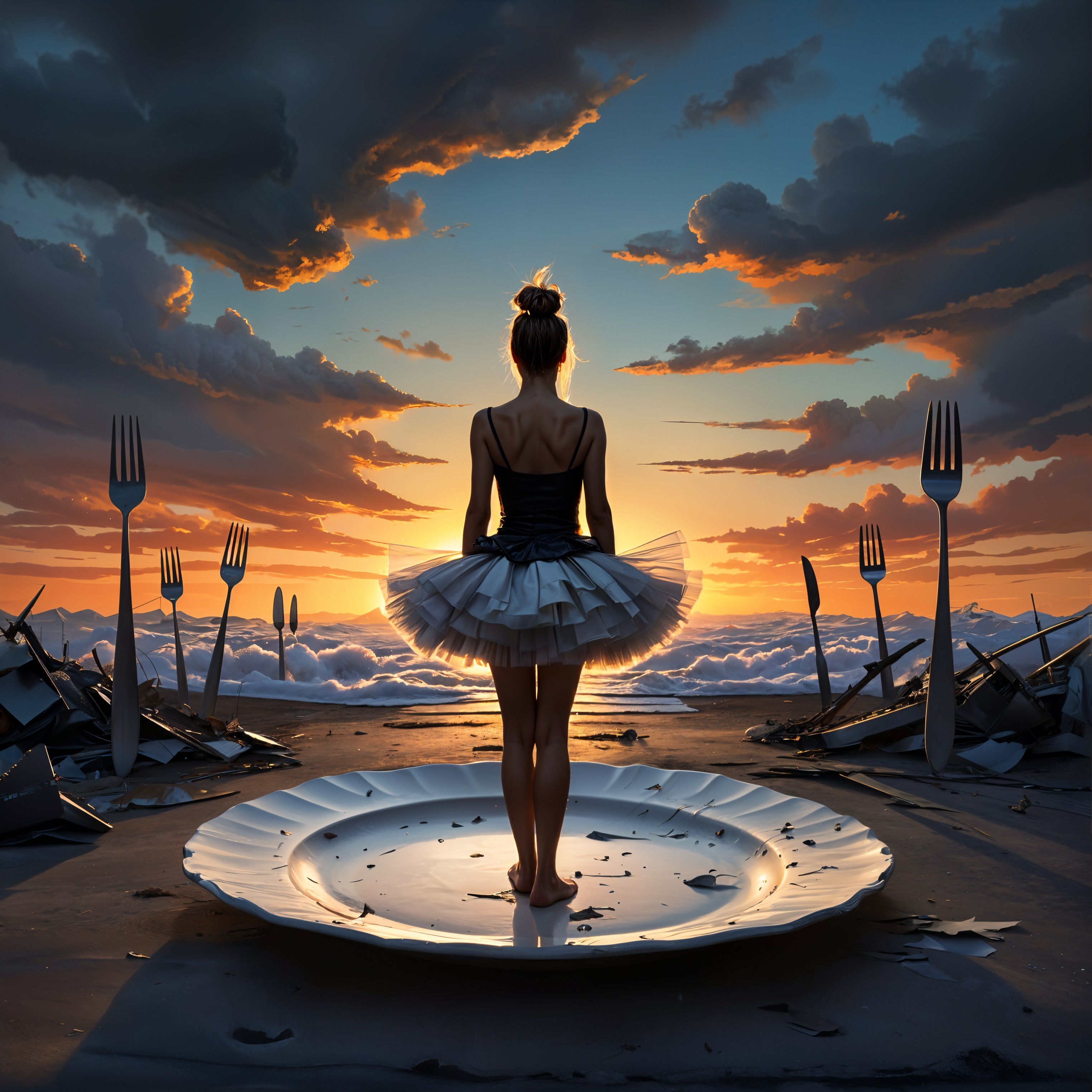 Ballet Dancer Silhouette on Reflective Surface at Sunset