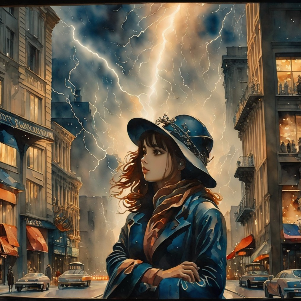 Young Woman in Stylish Outfit Amidst Stormy City Scene