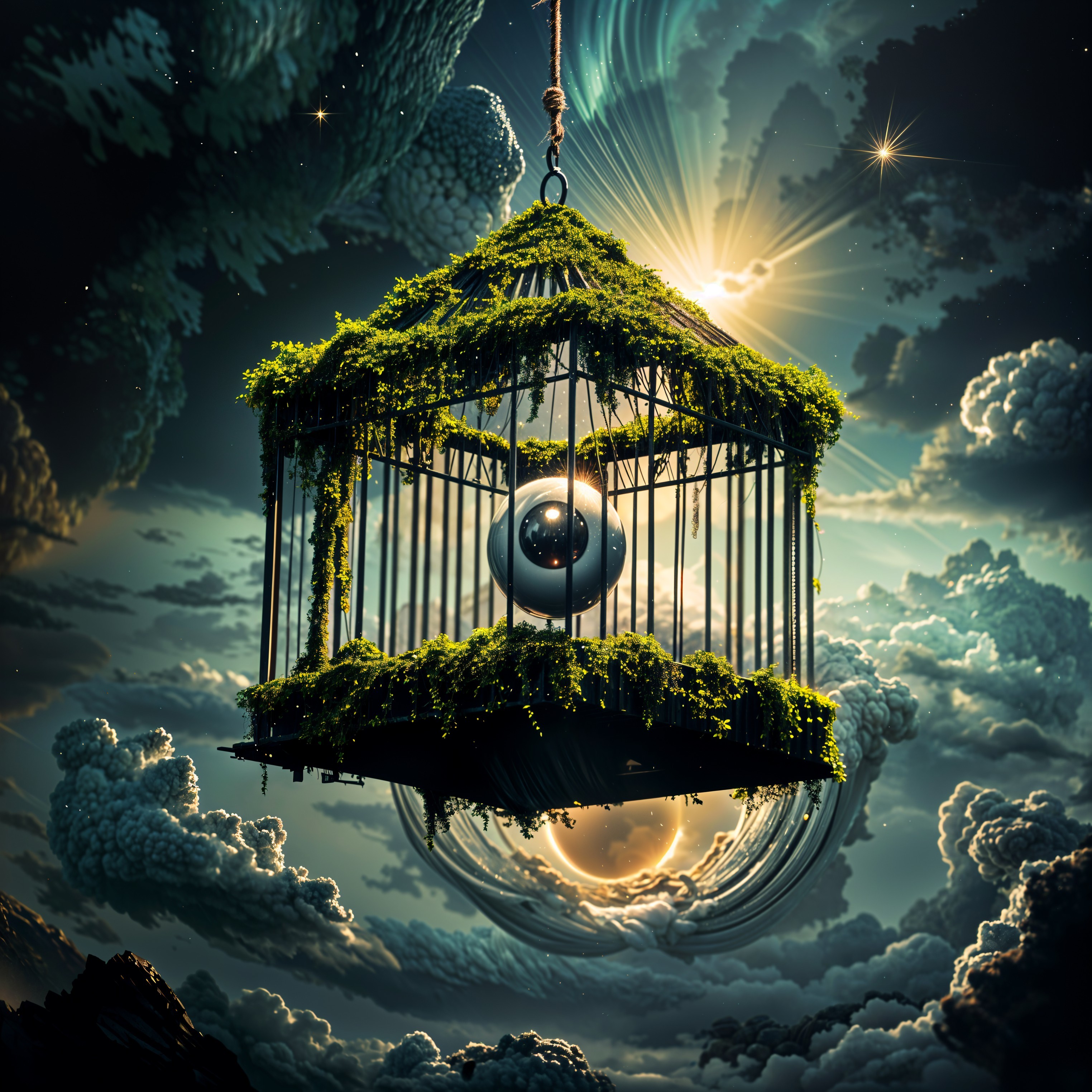 Mystical Birdcage in Dreamlike Celestial Landscape