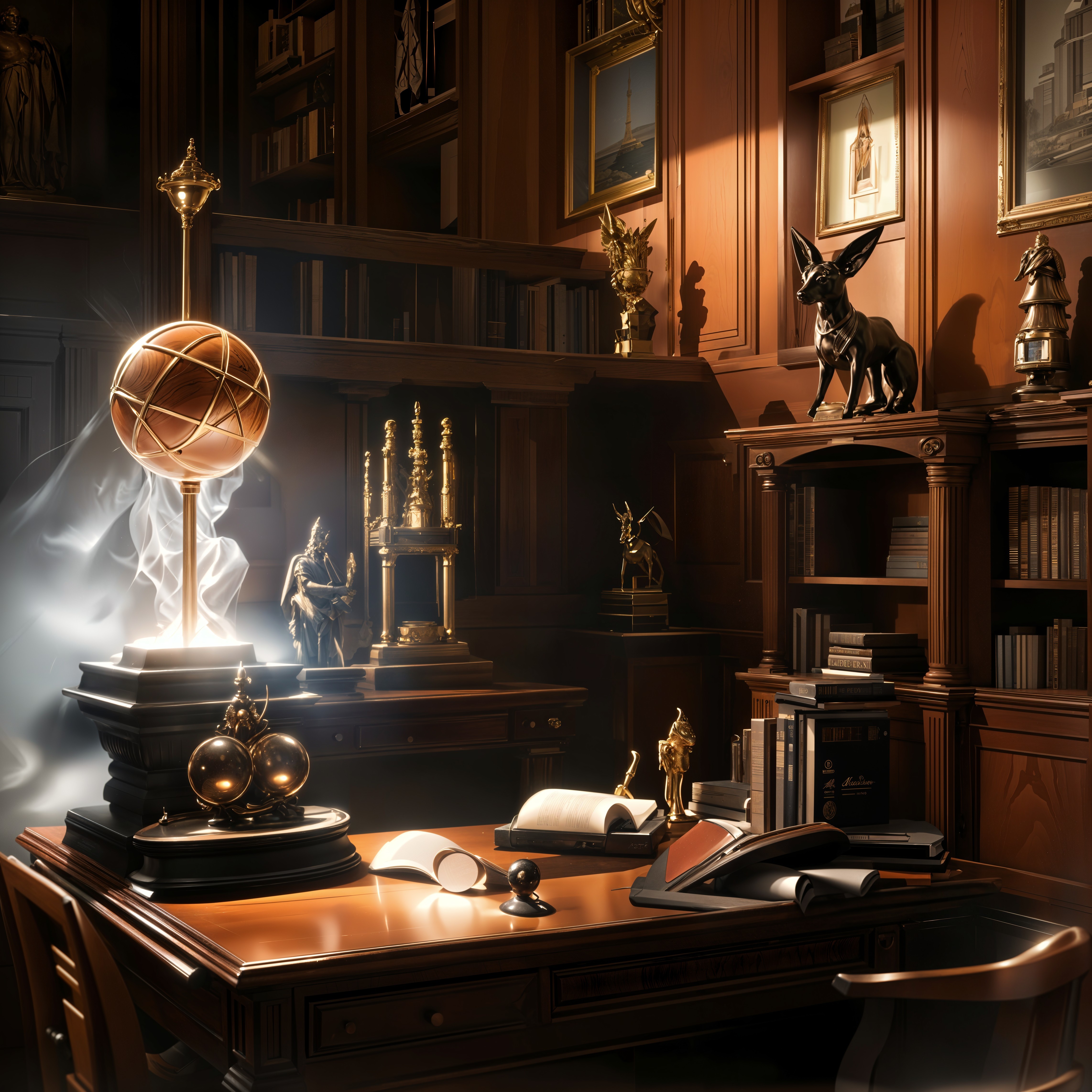 Ornate Office Interior with Wooden Walls and Bookcases