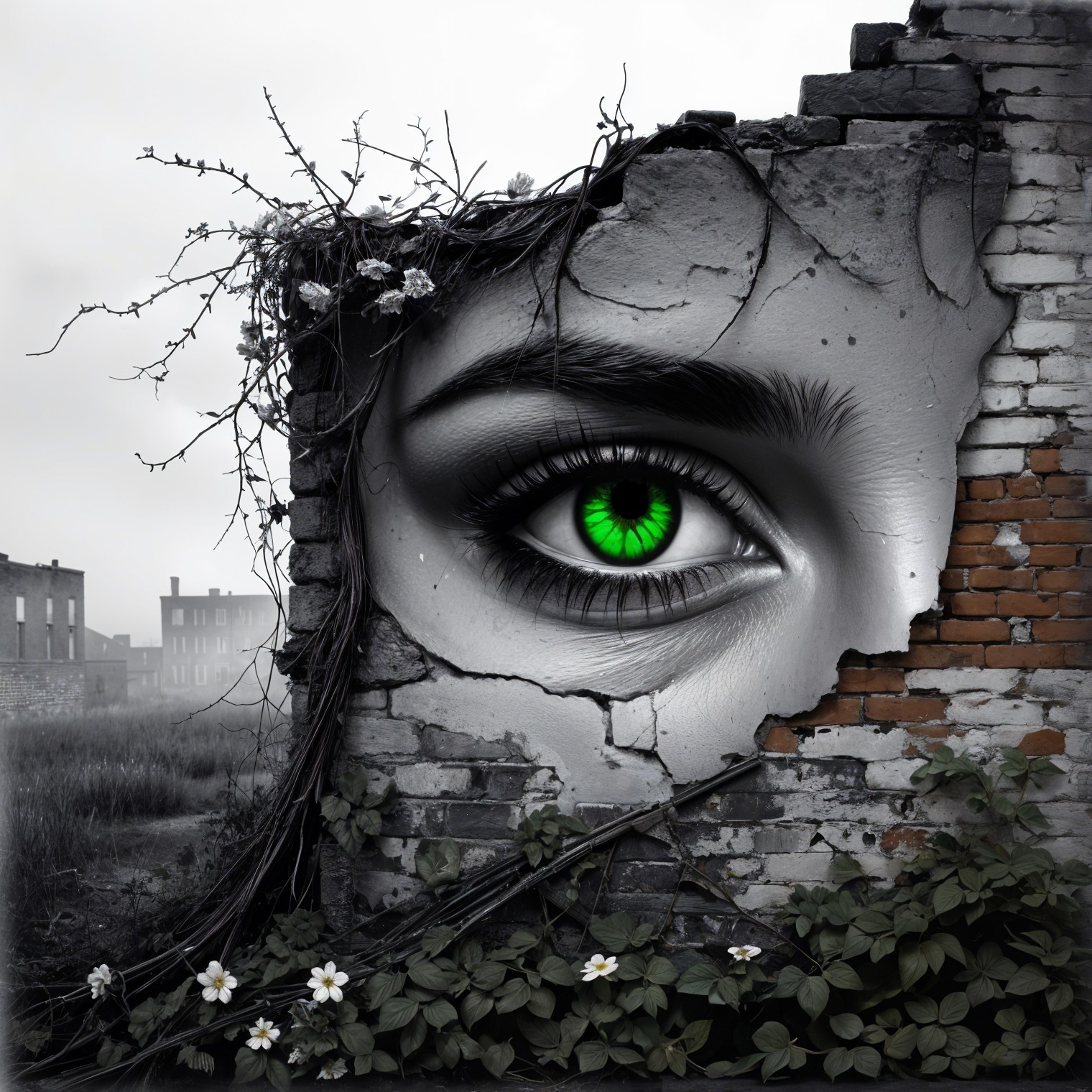 Black-and-white wall with green eye and floral details