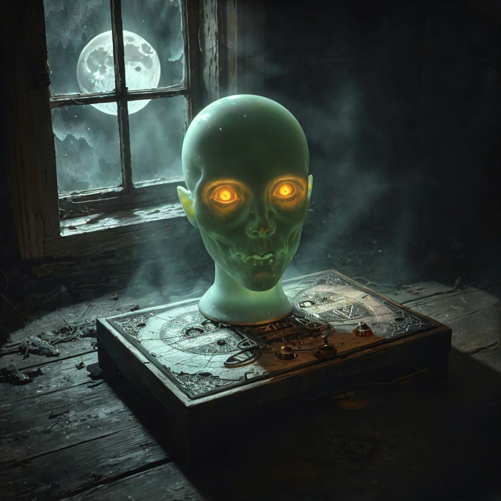 Ghostly Green Mannequin Head with Glowing Eyes