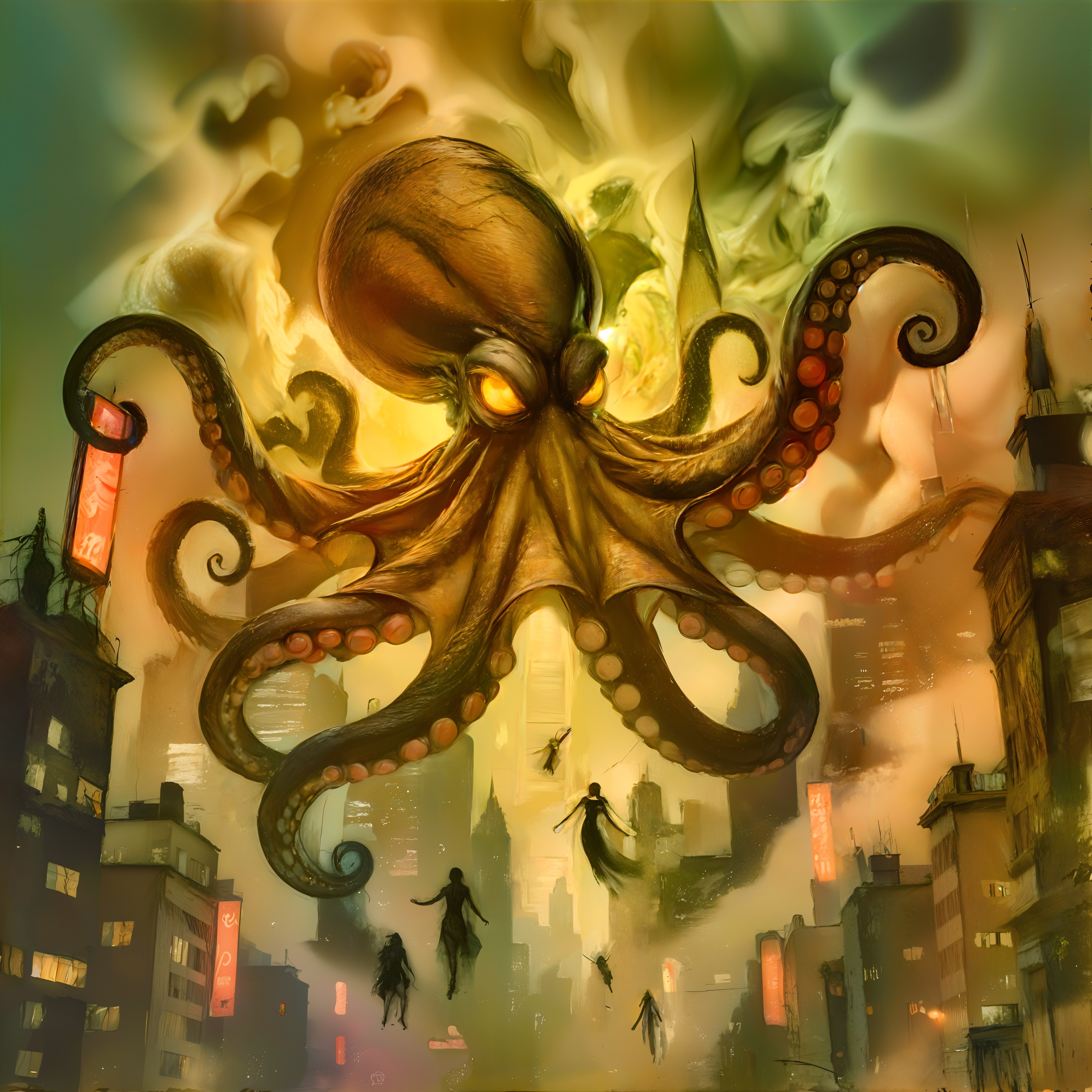 Surreal Cityscape with Colossal Octopus and Mist