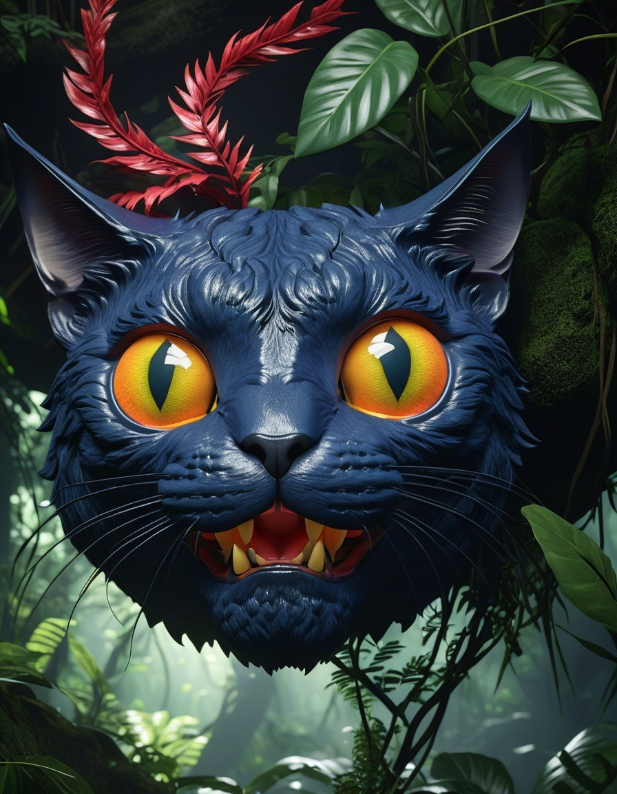 Animated Blue Cat Head in Lush Jungle Setting