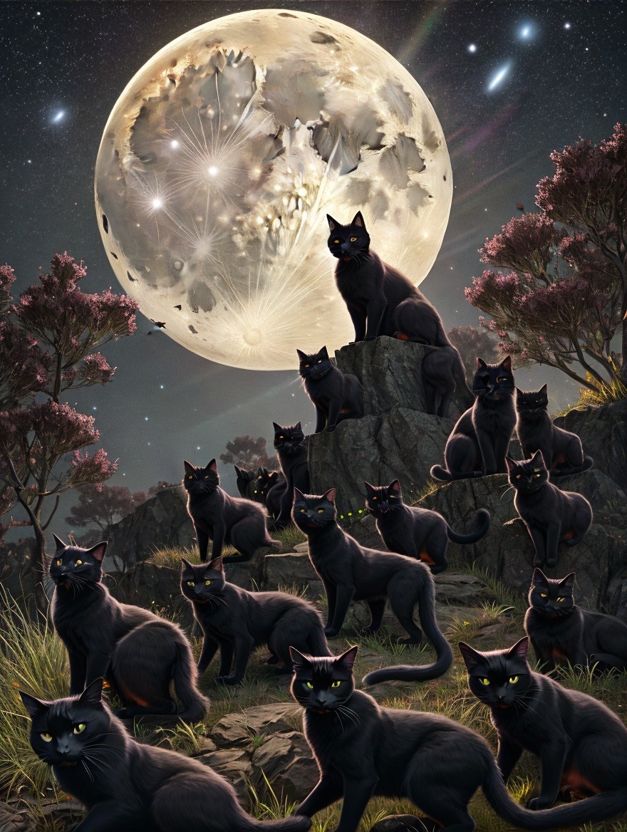 Mystical Night Scene with Cats and Enchanting Moon