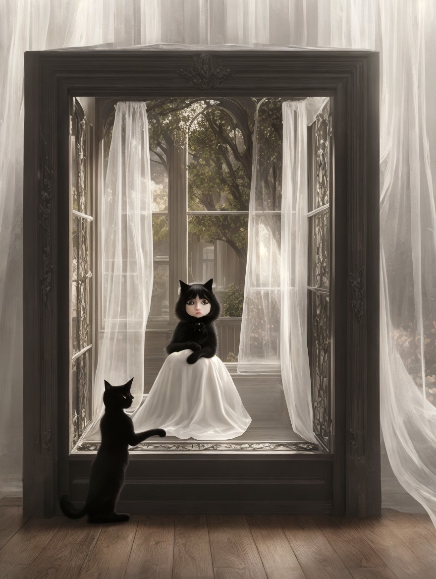 Young girl in white gown by window with garden view