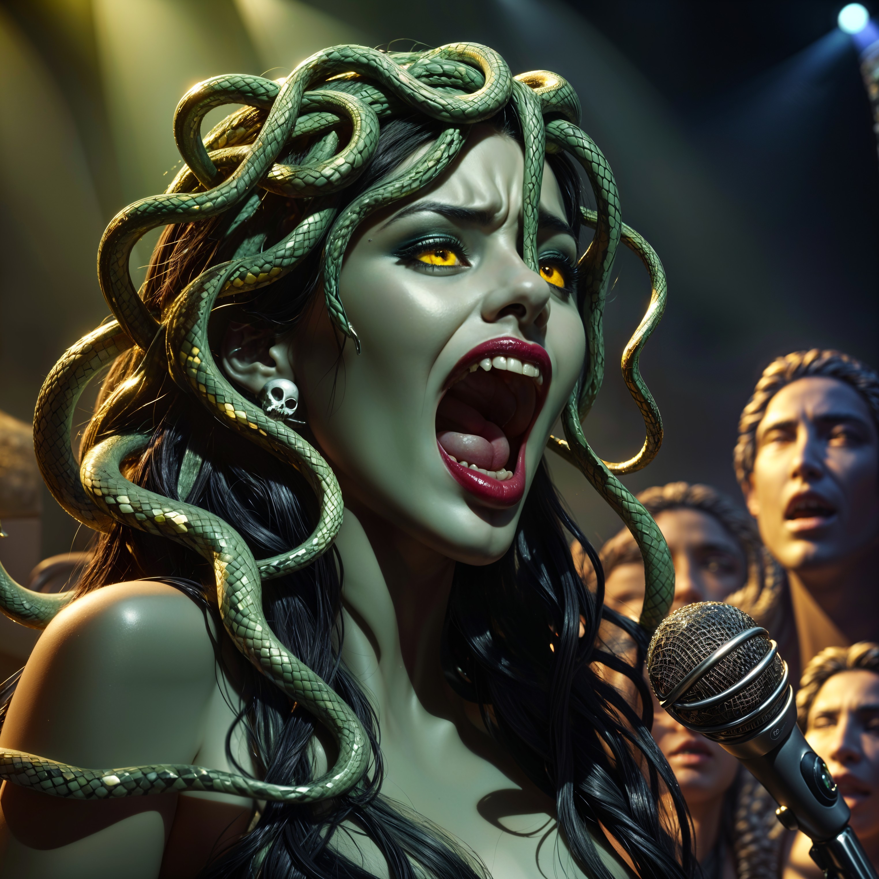 Medusa-like character singing with snakes and onlookers