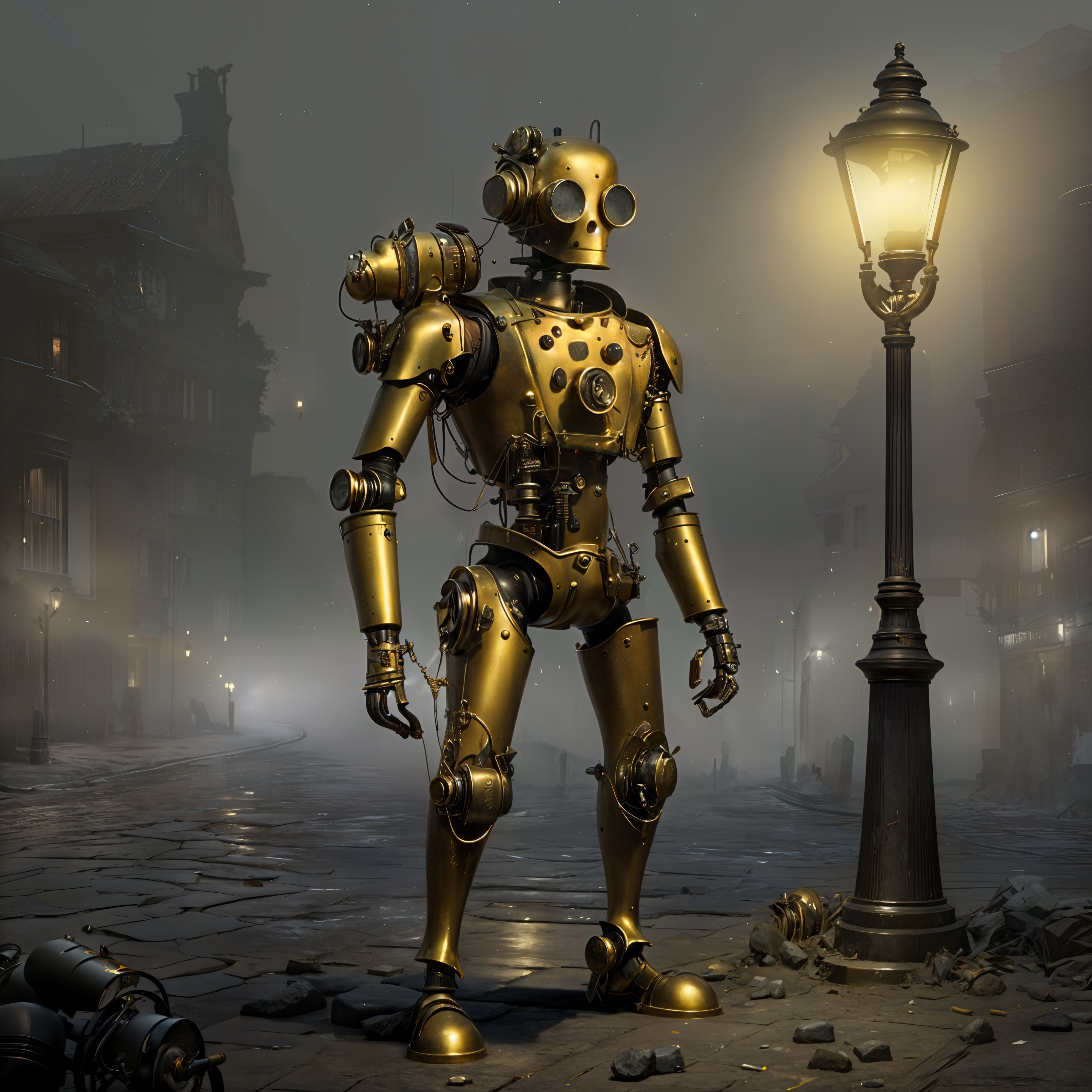 Golden Steampunk Robot in Foggy Cobblestone Alley
