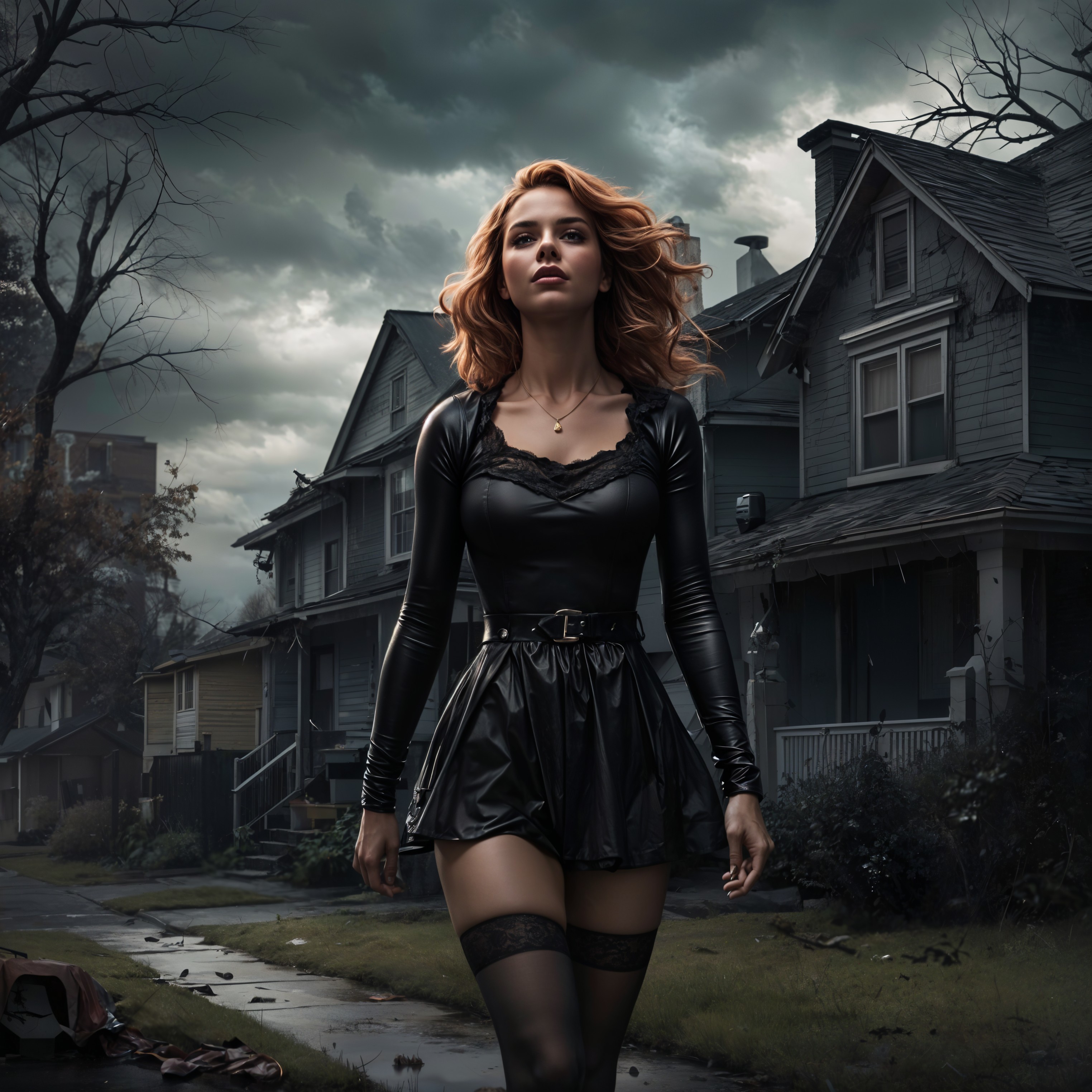 Auburn-haired woman in black dress on deserted street