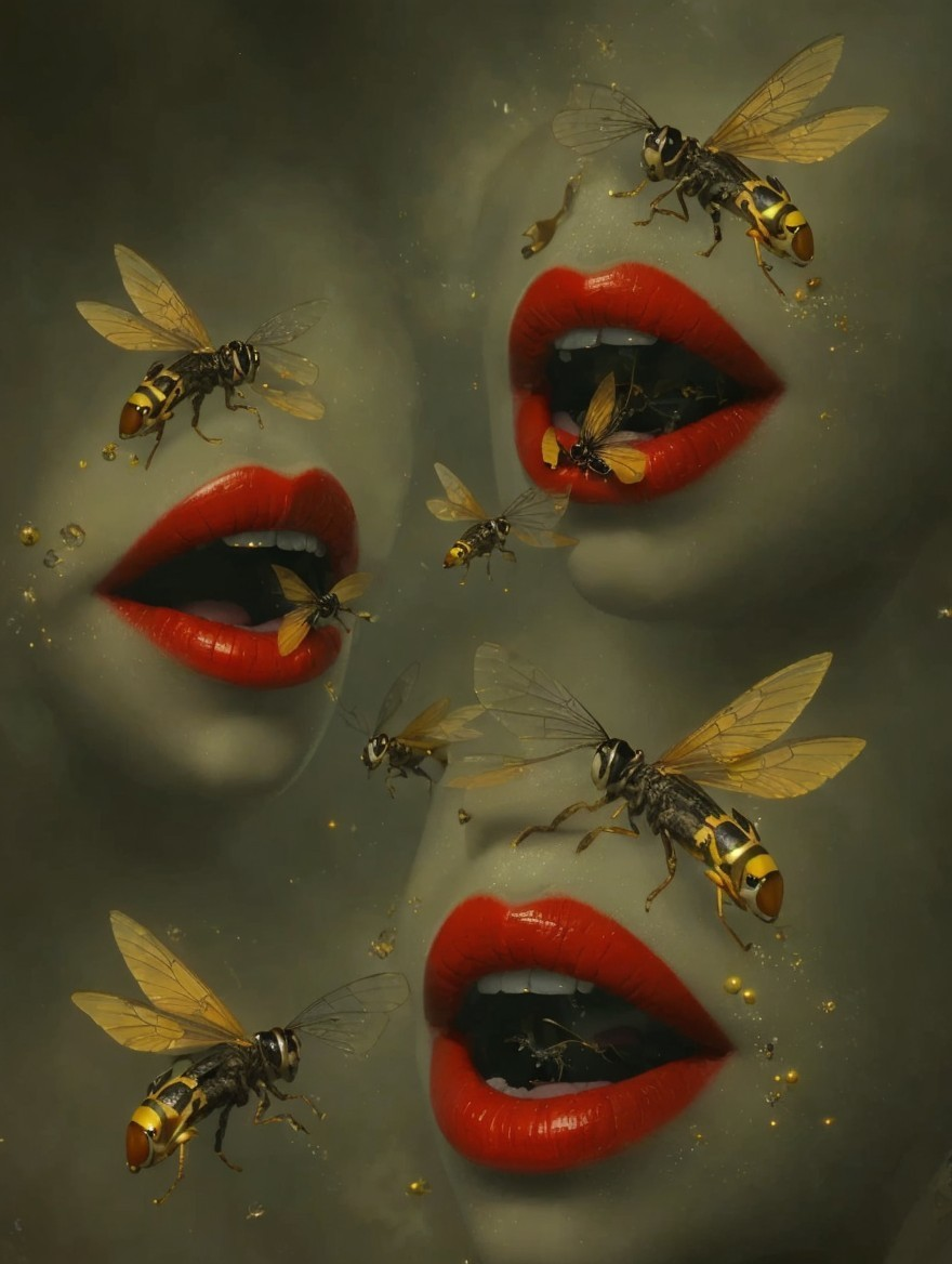Surreal Composition of Faces with Red Lips and Insects