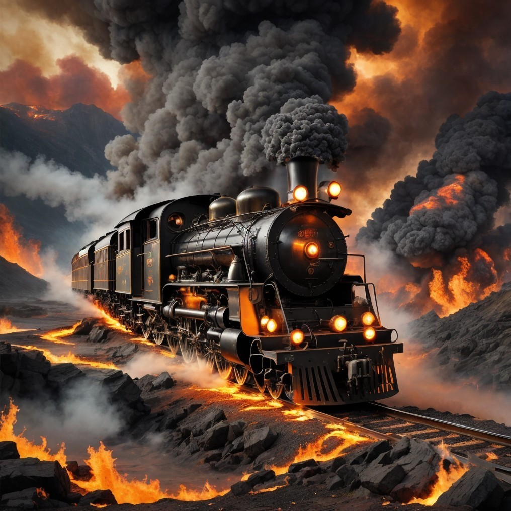 Vintage Steam Locomotive in Fiery Lava Landscape