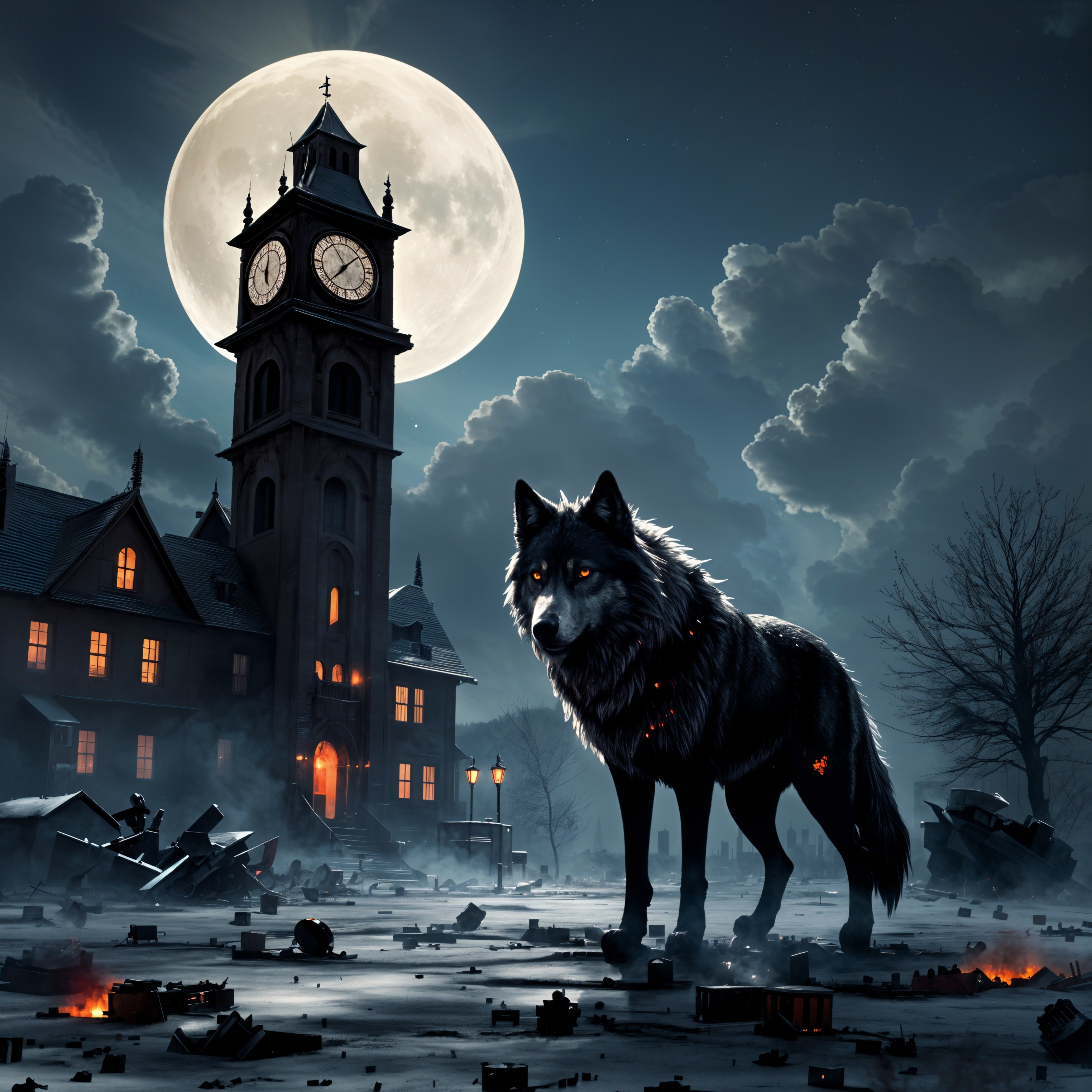 Colossal Black Wolf Before Dilapidated Clock Tower