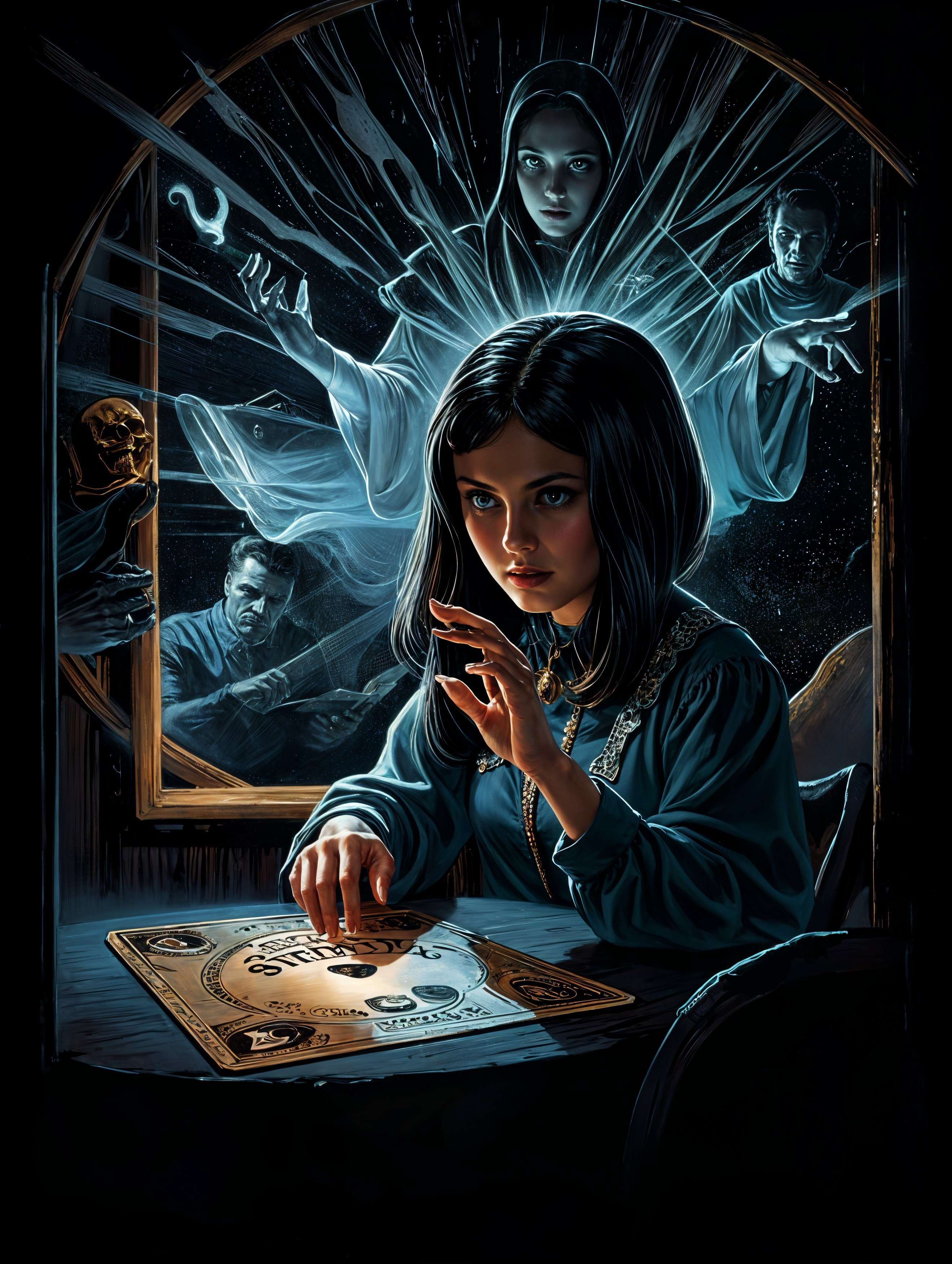 Young girl uses Ouija board in ghostly atmosphere