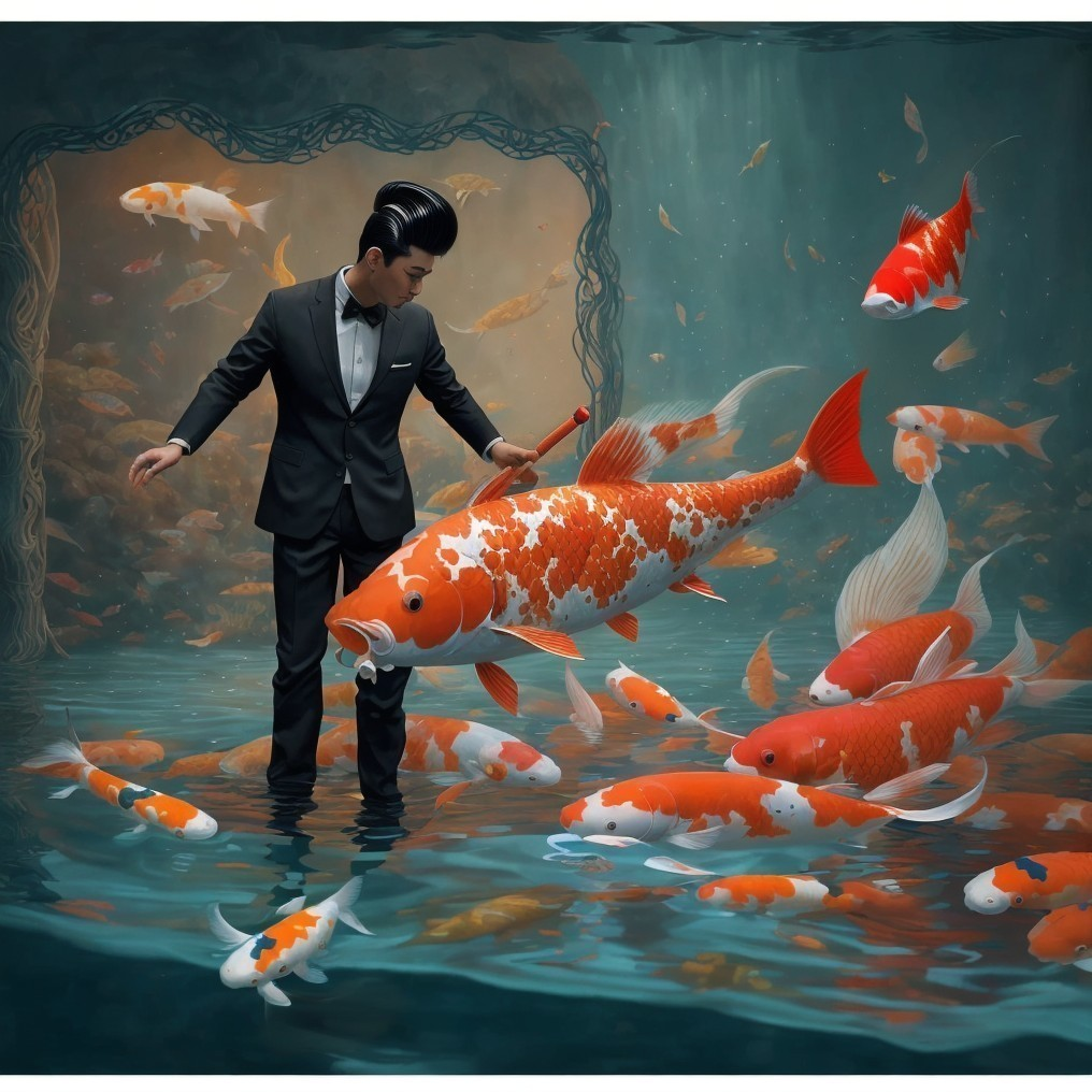 Well-Dressed Man Interacts with Koi in Serene Setting