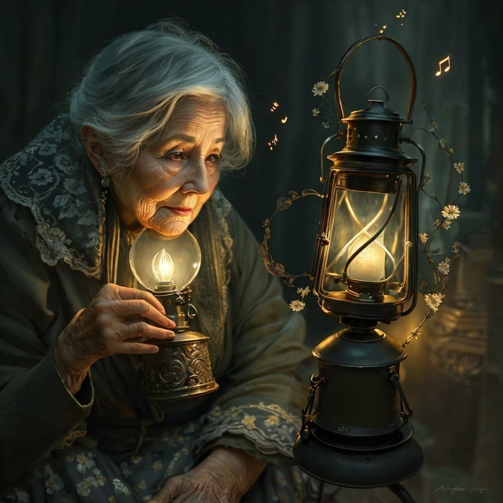 Elderly Woman with Lantern in Cozy, Dimly Lit Setting