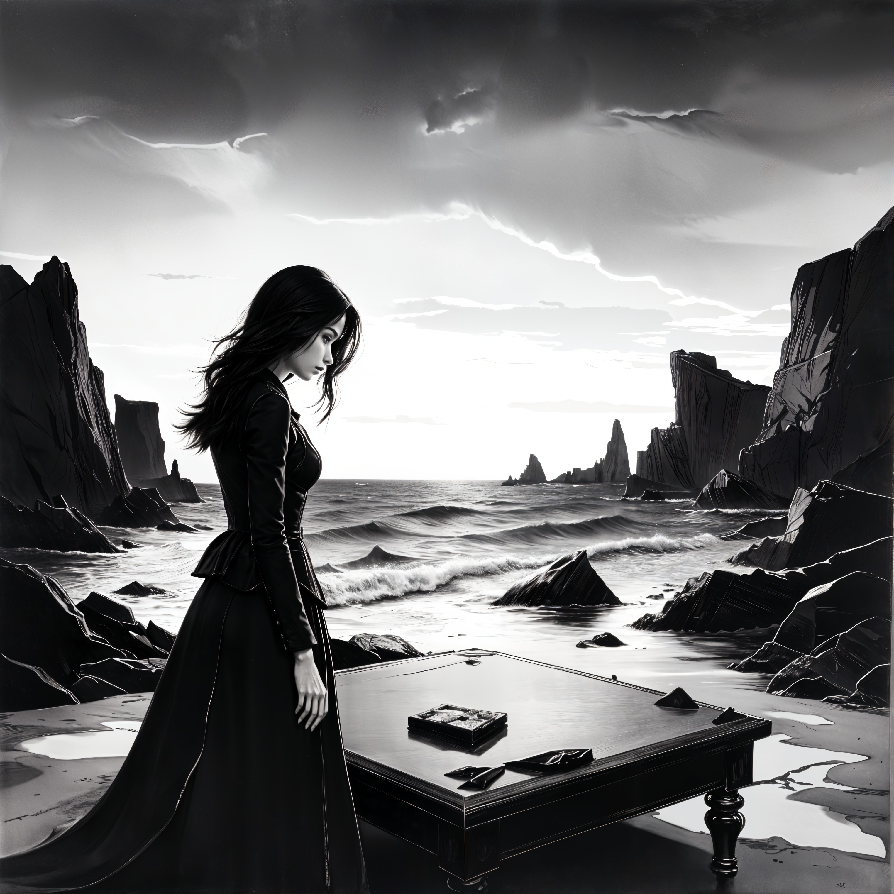 Somber Woman by Rocky Shoreline with Dark Table