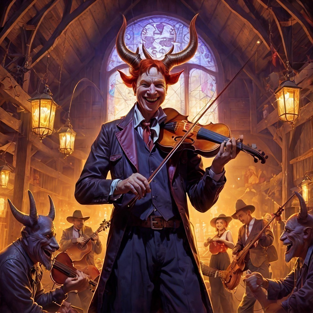 Musicians with Horns Perform in a Dimly Lit Barn