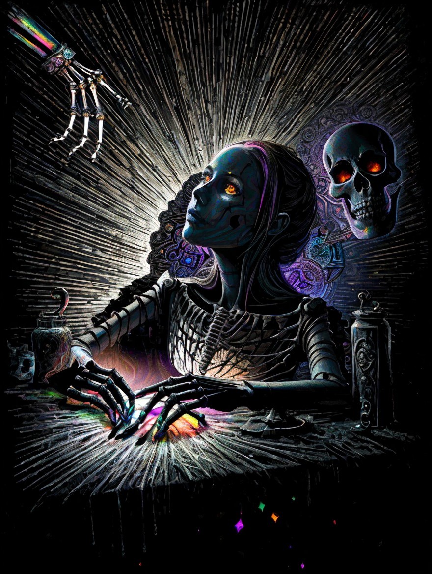 Skeletal Figure with Glowing Eyes Surrounded by Light