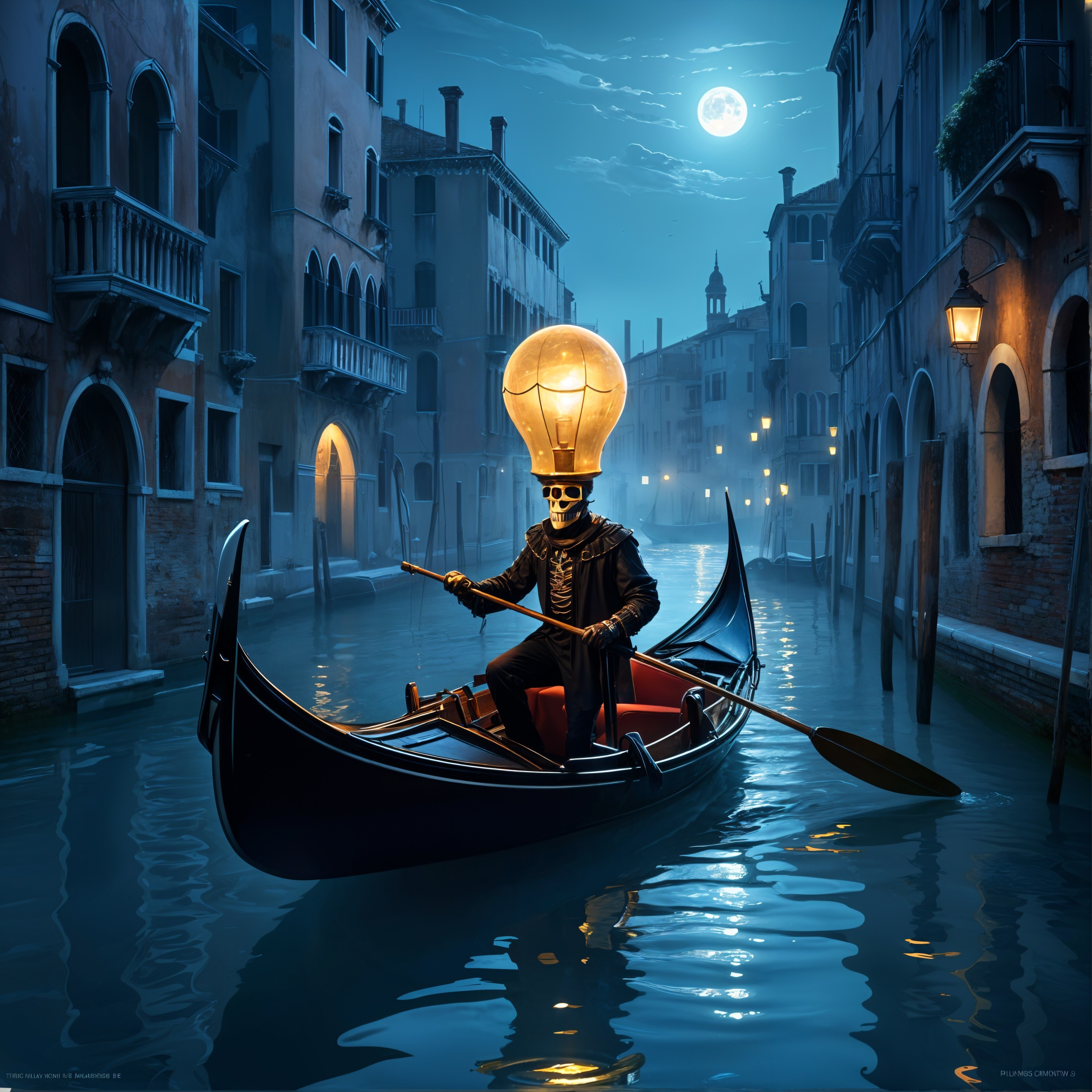 Skeleton in Suit Rowing Gondola in Moonlit Venice