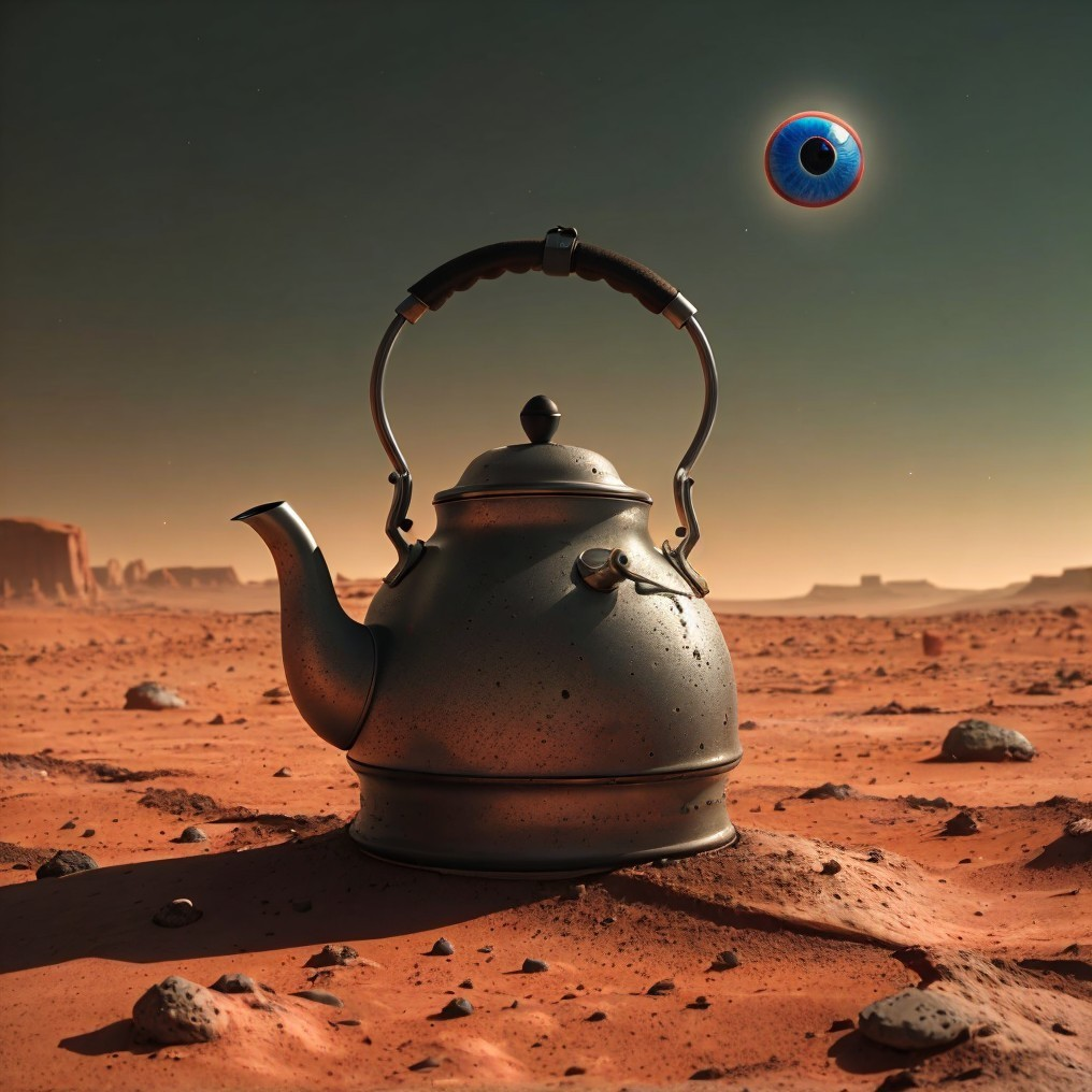 Vintage Metal Kettle on Martian Landscape at Sunset