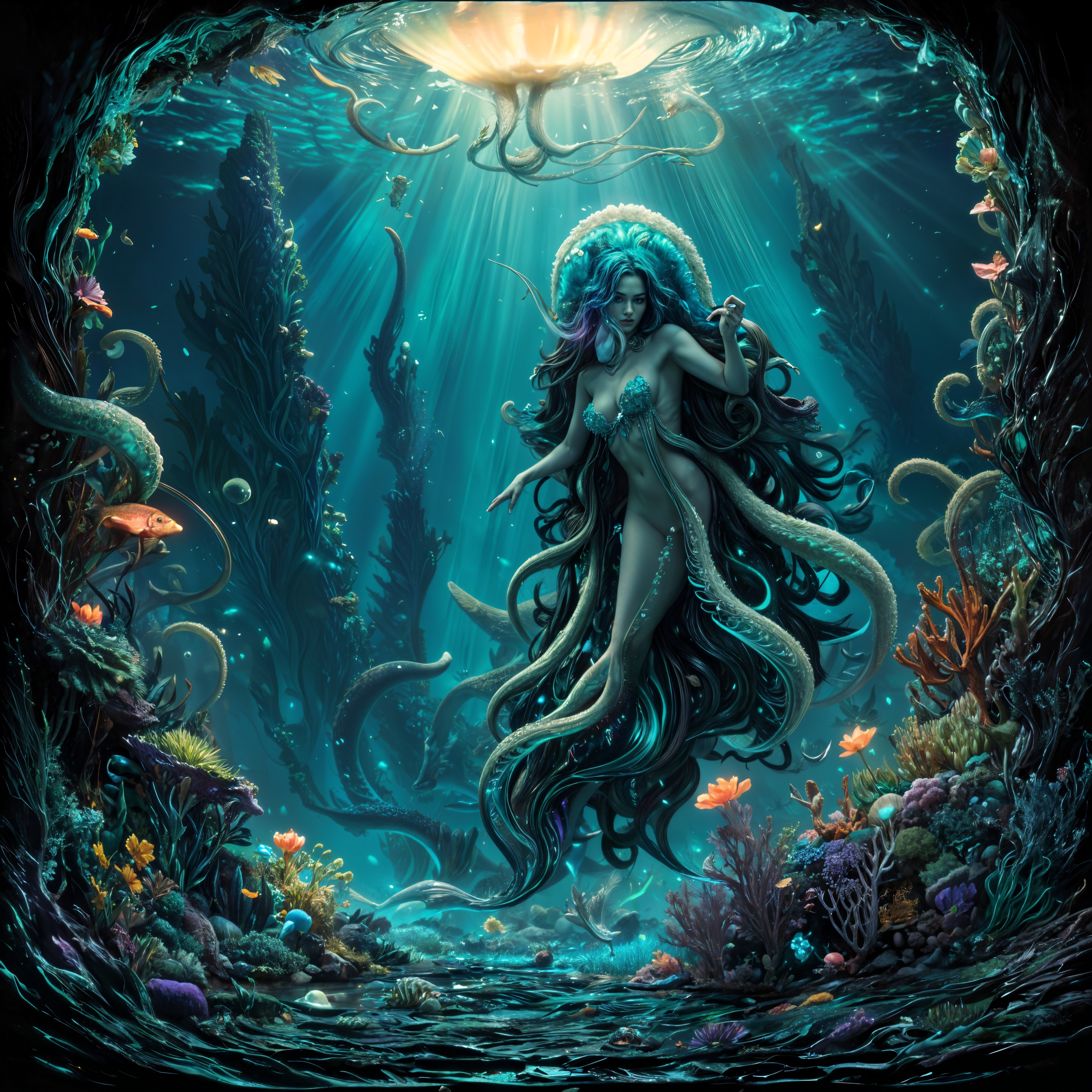 Mystical Underwater Scene with Mermaid and Coral Reefs