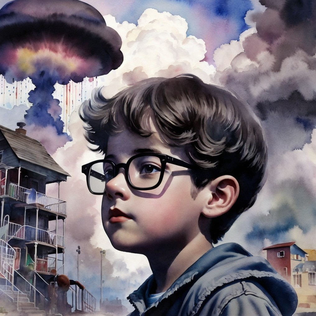 Young Boy in Glasses Against Chaotic Cloudy Background