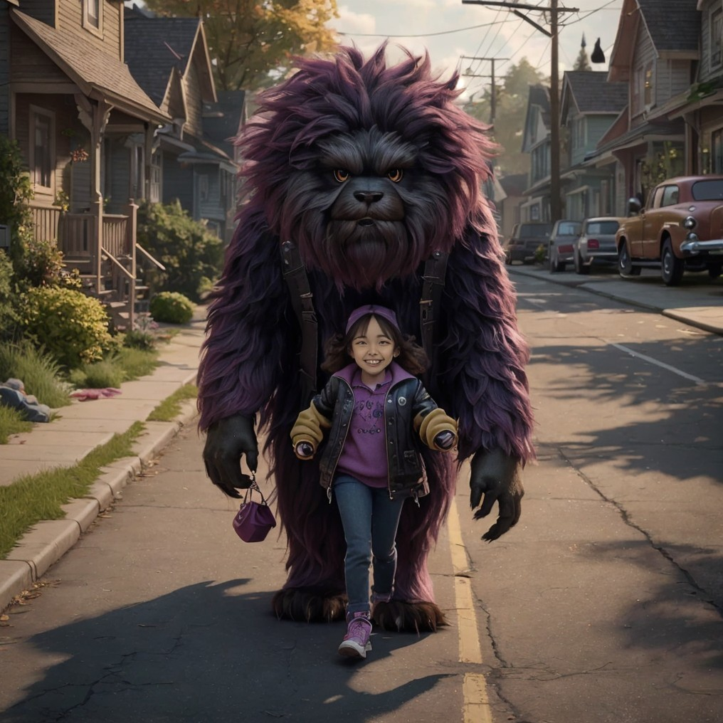 Young girl and purple creature on tree-lined street