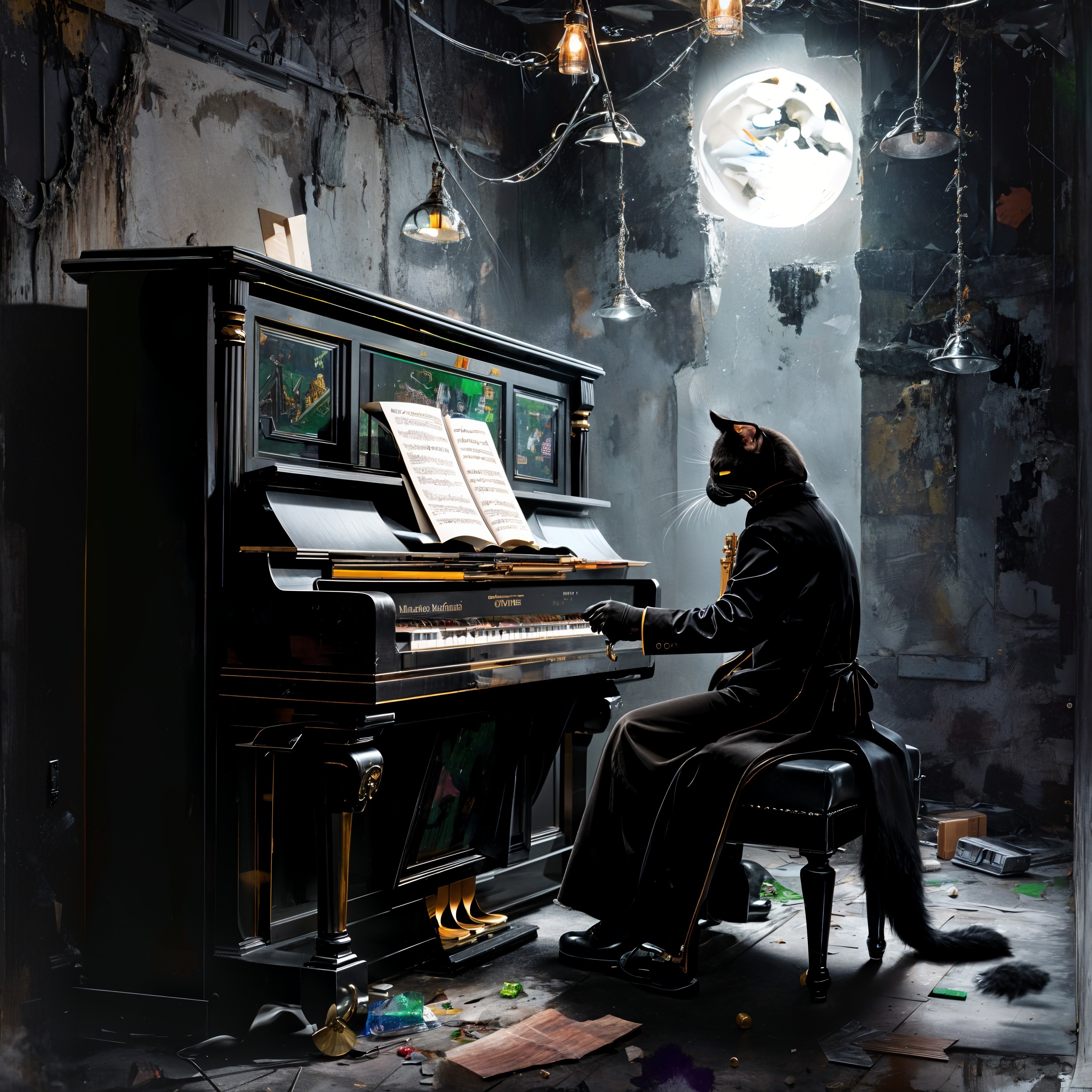Black Cat in Formal Coat at Grand Piano Scene
