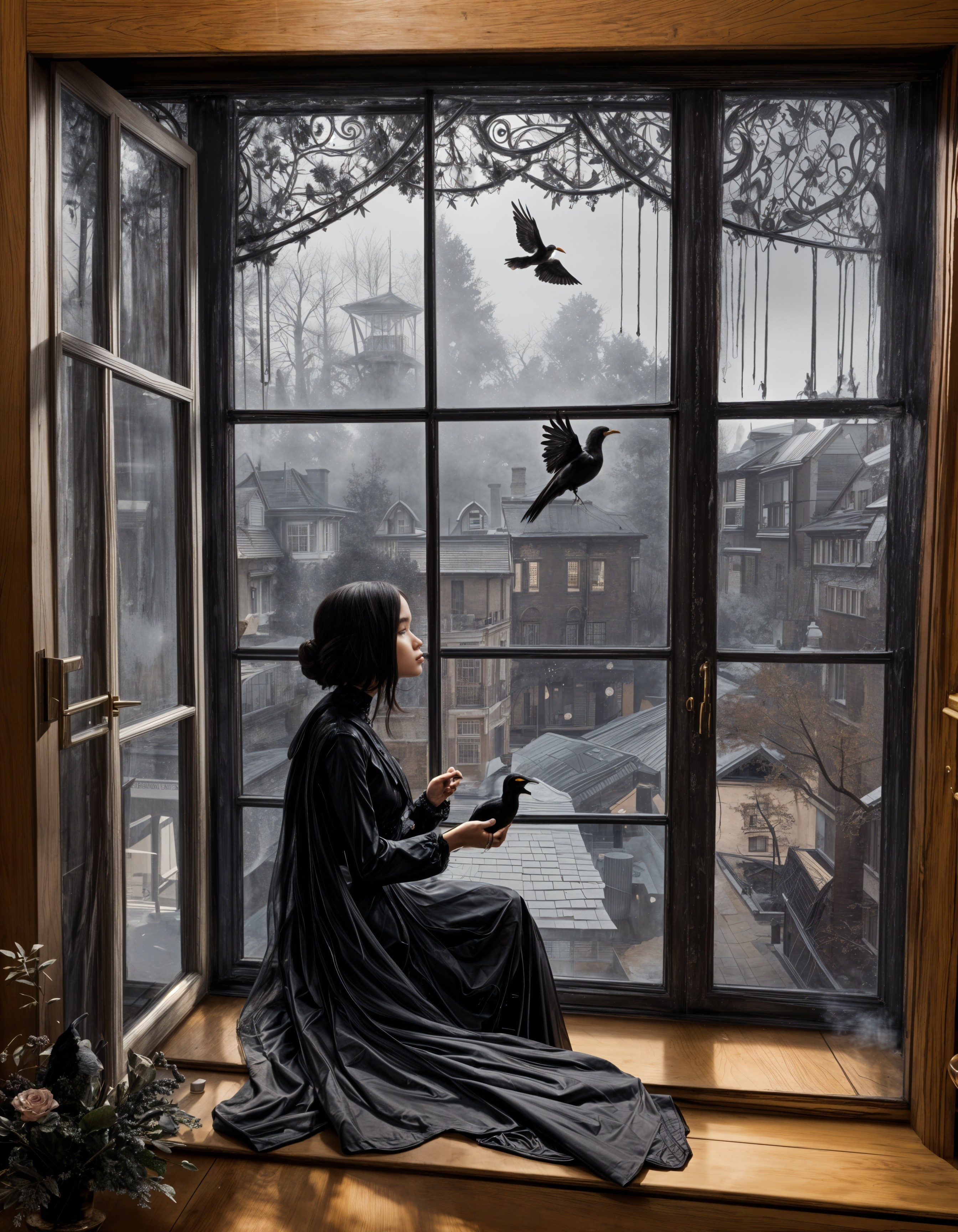 Woman in Black Dress with Raven by Grand Window