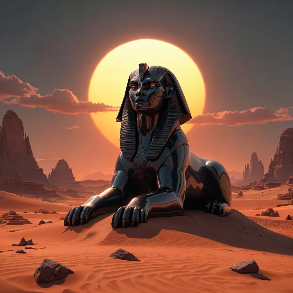 Black Sphinx in Desert at Sunset with Dramatic Glow