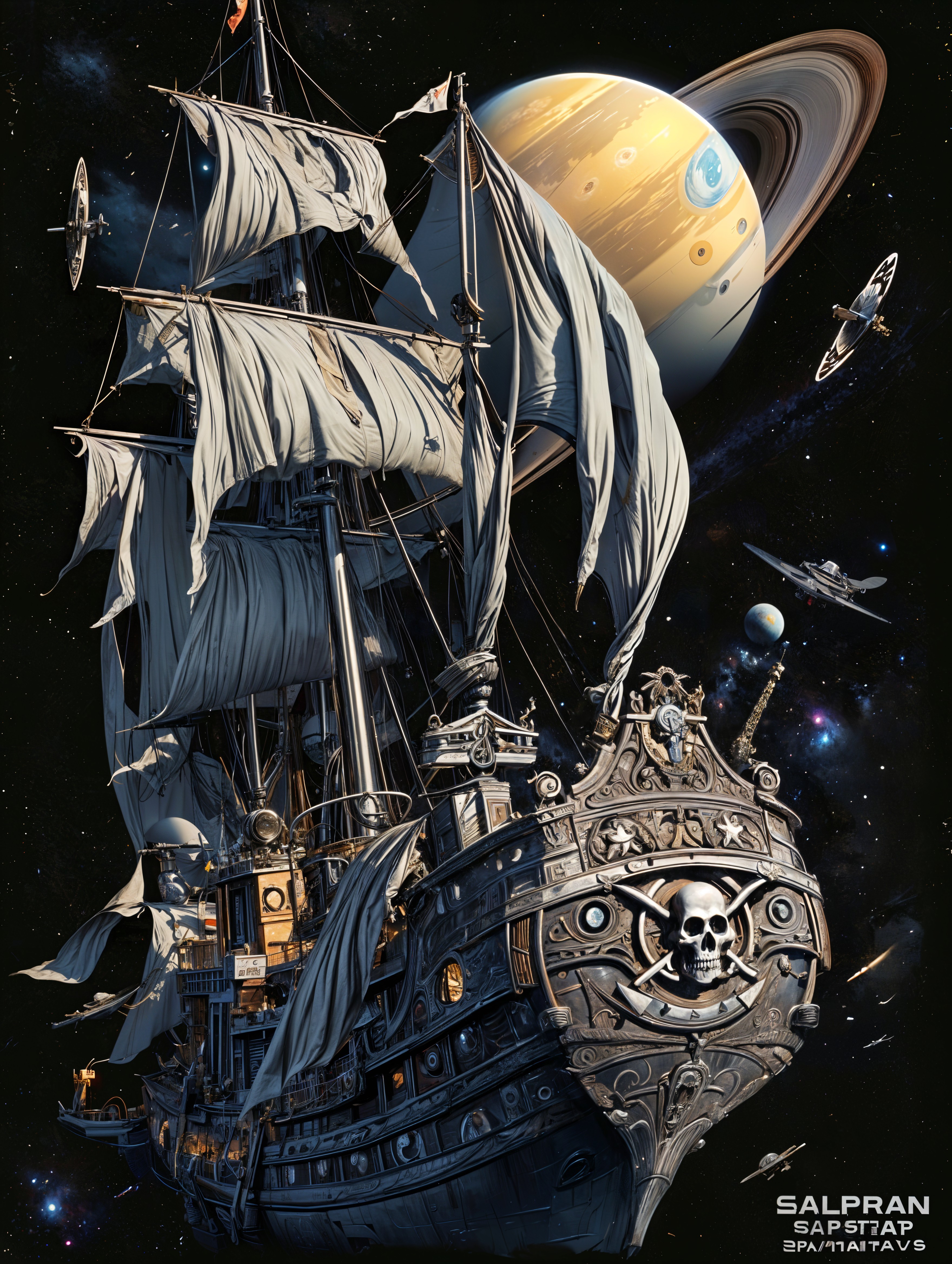 Pirate Ship in Space with Saturn's Rings and Stars