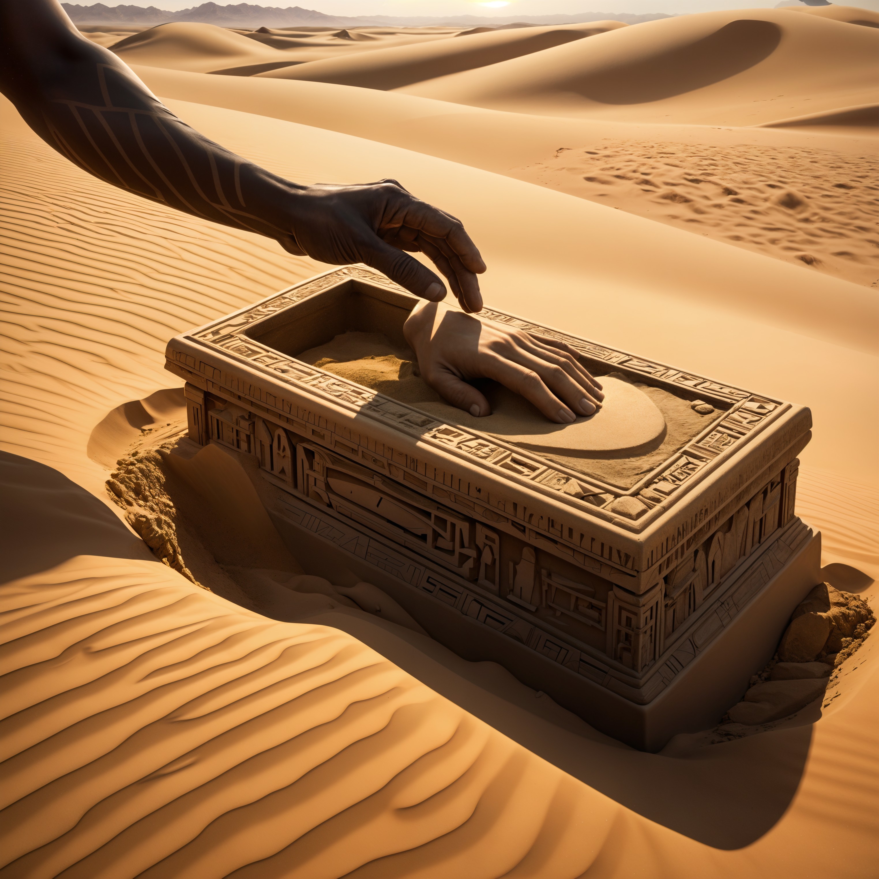 Desert Scene with Carved Sarcophagus at Sunset