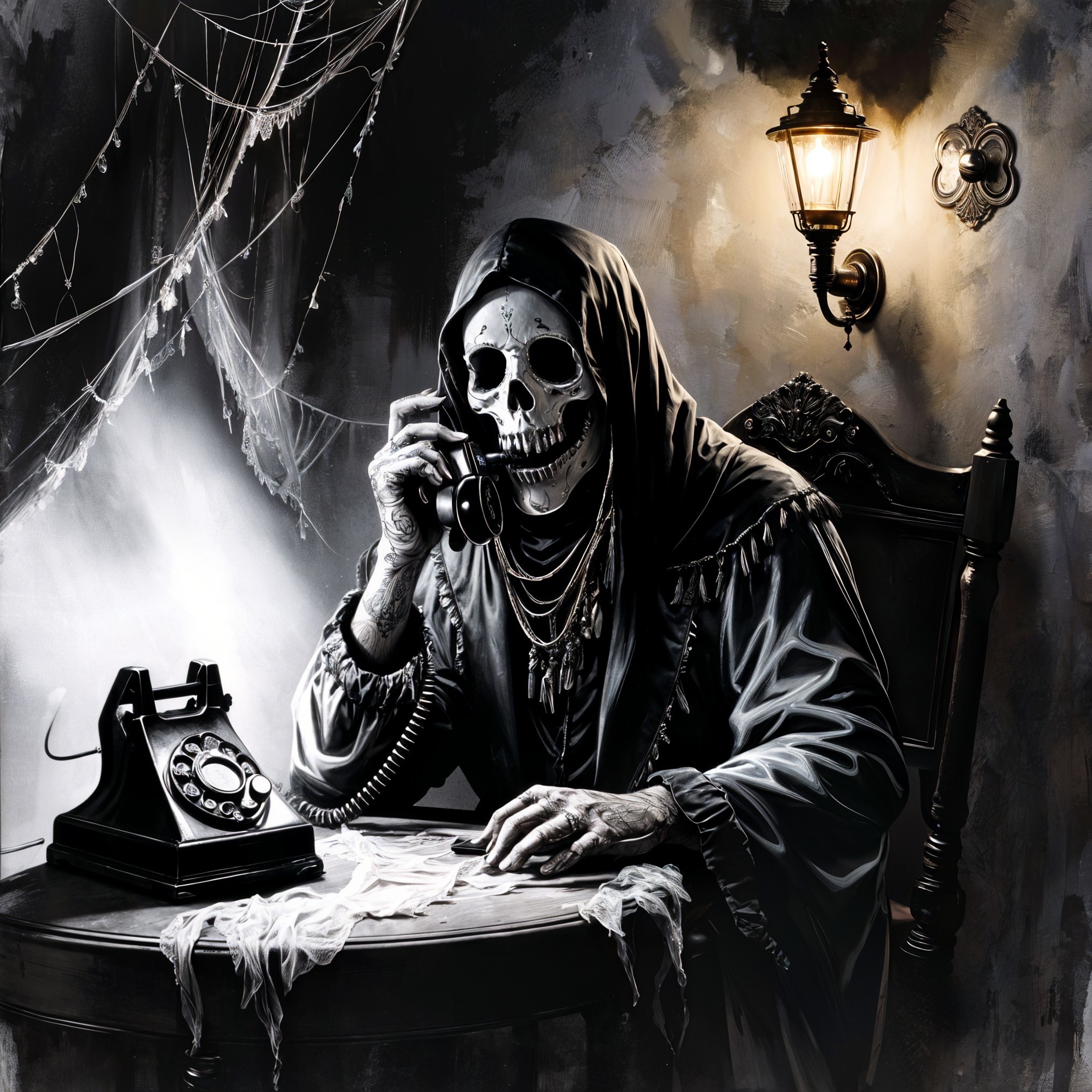 Skeletal Figure in Dark Robes at Antique Table