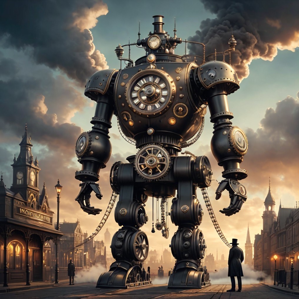 Steampunk Robot in Industrial Cityscape Setting