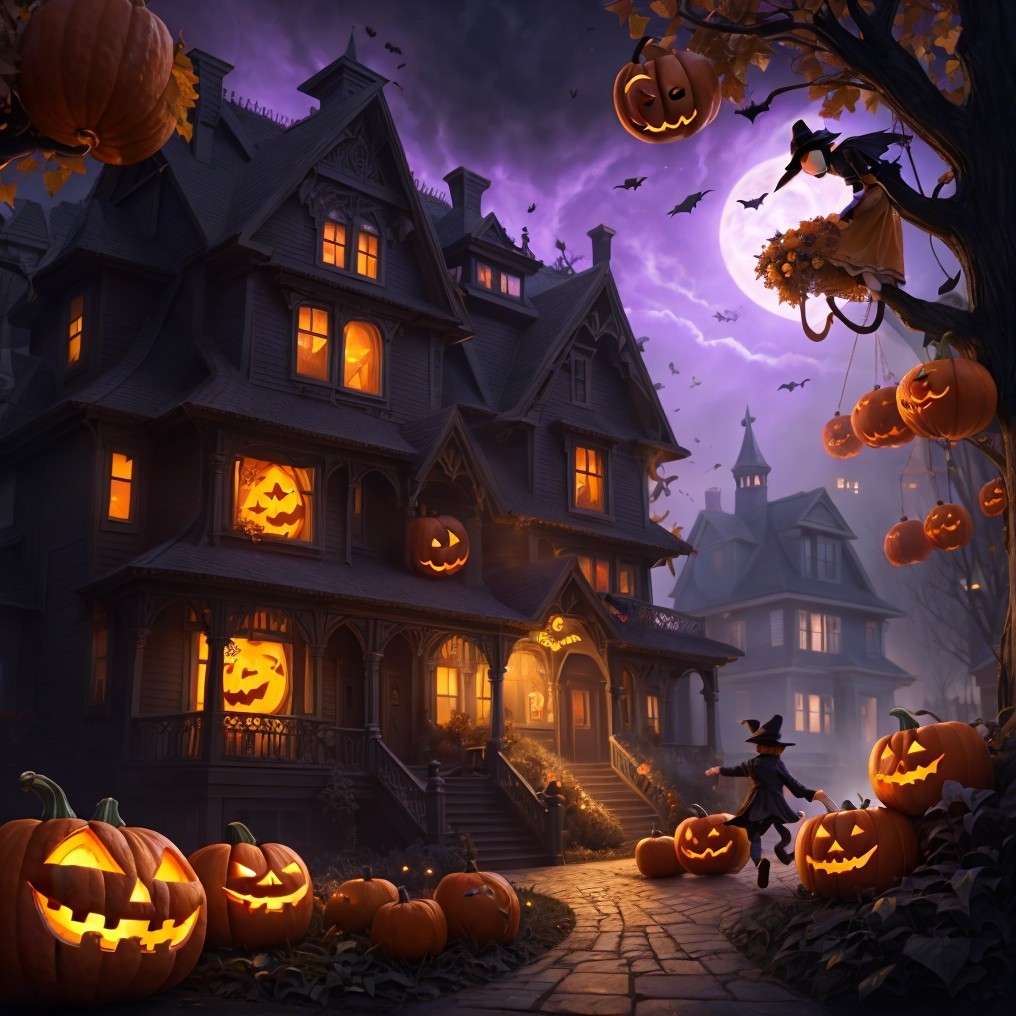 Haunted House with Jack-o'-Lanterns and Bats