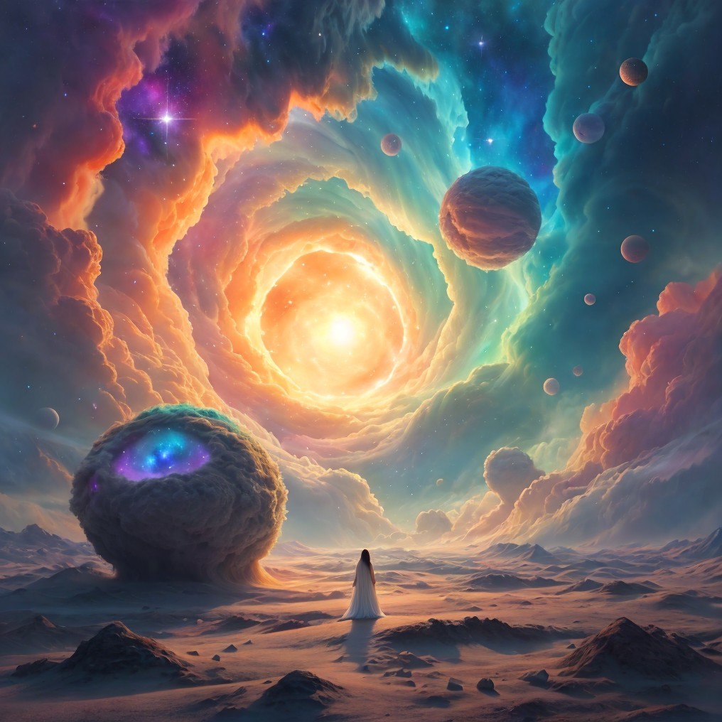 Cosmic Landscape with Figure in White Gown and Nebula