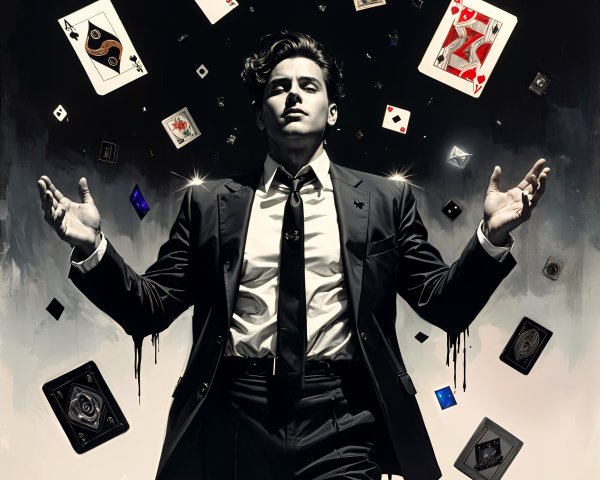 Charismatic Figure in Black Suit with Floating Cards