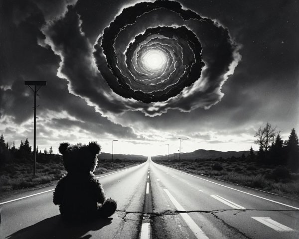 Teddy Bear on Deserted Road Under Swirling Clouds