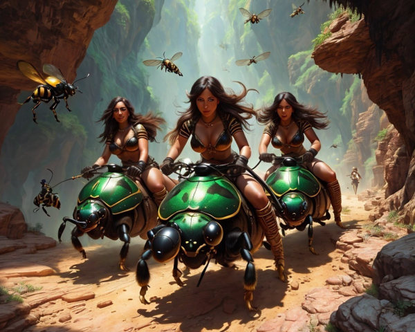 Warriors on Beetles in a Vibrant Canyon Scene