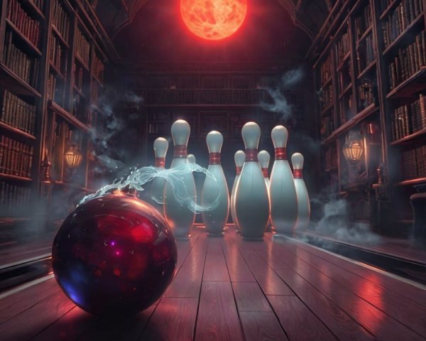 Cosmic Bowling Ball Scene in Dim Library with Moonlight