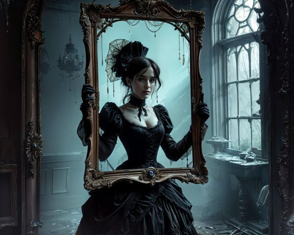 Mysterious Woman in Elegant Gown in Vintage Frame