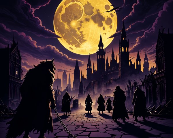 Eerie Moonlit Ruins with Silhouetted Figures