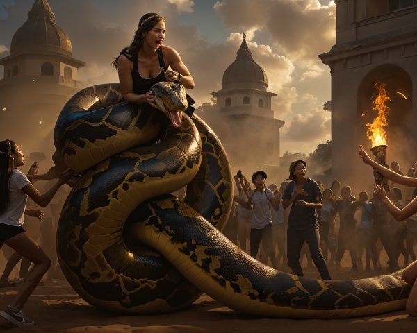 Dramatic Scene with Large Snake and Two Women