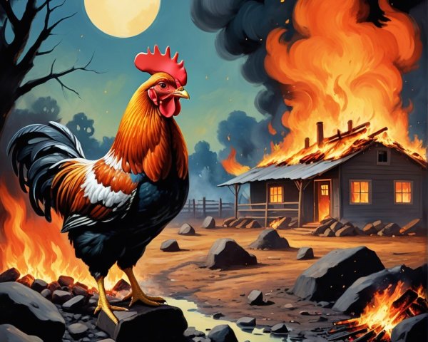 Rooster in Front of Flaming Farmhouse at Night