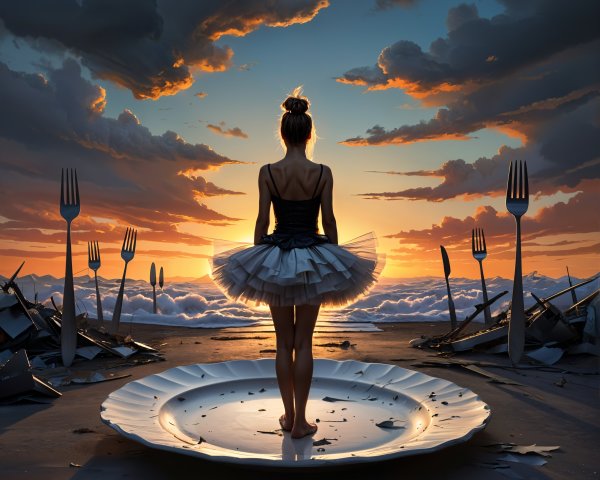 Ballet Dancer Silhouette on Reflective Surface at Sunset