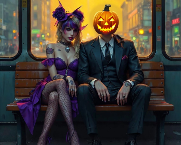 Neon Subway Scene with Colorful Characters and Pumpkin Head