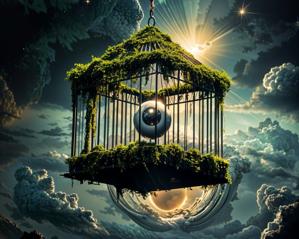 Mystical Birdcage in Dreamlike Celestial Landscape
