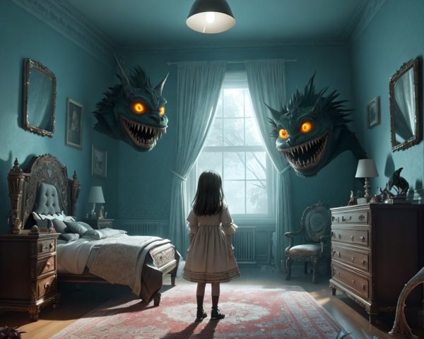 Vintage Bedroom with Surreal Dragon Heads and Soft Textures