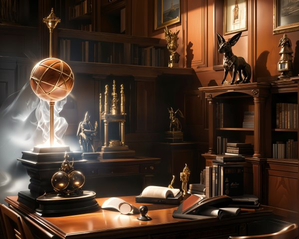 Ornate Office Interior with Wooden Walls and Bookcases