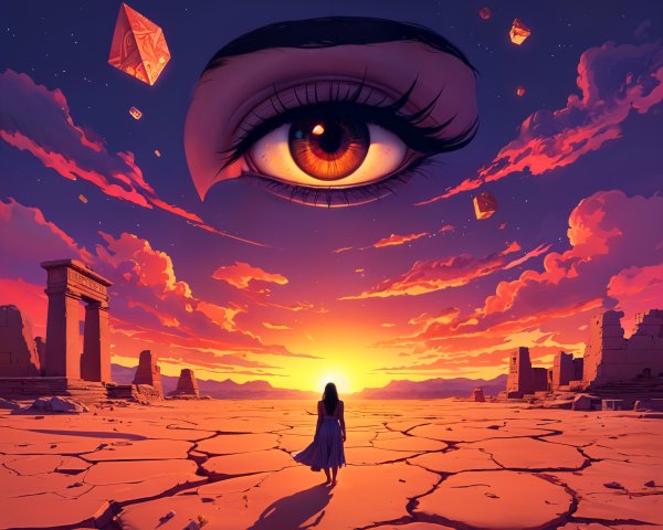 Woman in Blue Dress Amidst Desert Ruins at Sunset